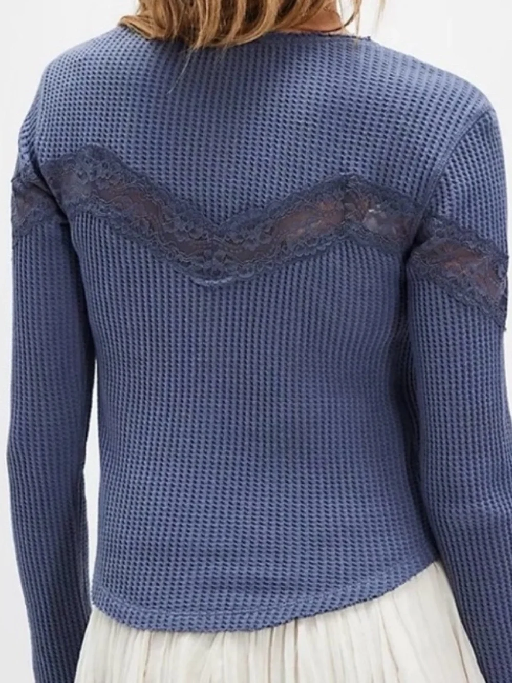 Free people waffle Knit Lace Trim Button-Up Top in Dusty Blue! M